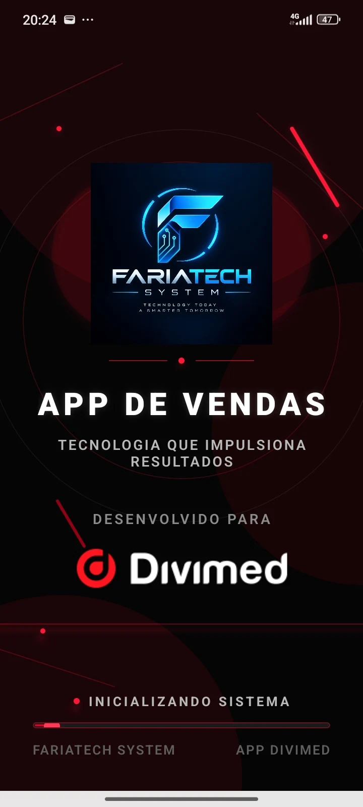 Tela de abertura real do App de Vendas Fariatech